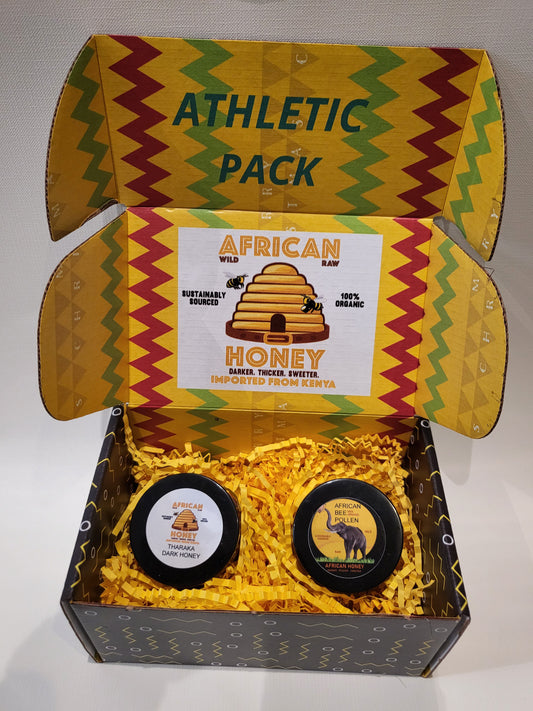 The Athletic Pack featuring 2 oz of or Dark Honey from Tharaka Nithi County and 2 oz of Bee Pollen from Kirinyaga County, Kenya