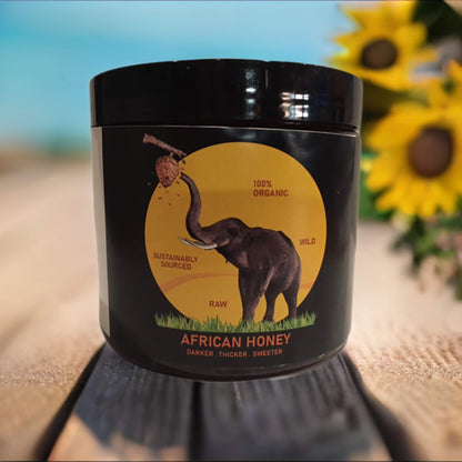 Organic Dark Honey in our Special 16oz."Elephant Black Label" Wide Lip Jar