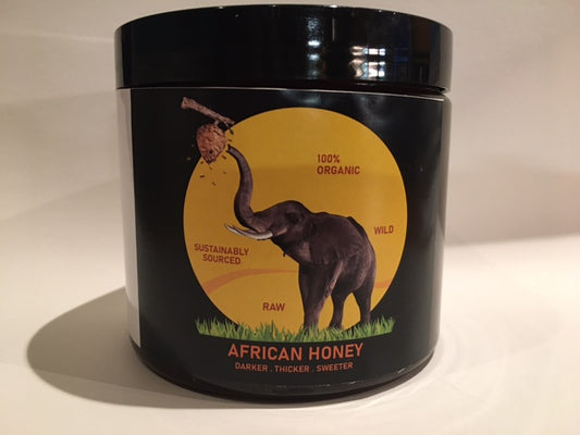 Organic Dark Honey in our Special 16oz."Elephant Black Label" Wide Lip Jar